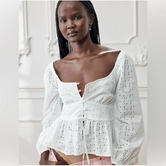 aerie Tops - Aerie Long Sleeve Peplum Top White Eyelet Bohemian Bridgerton